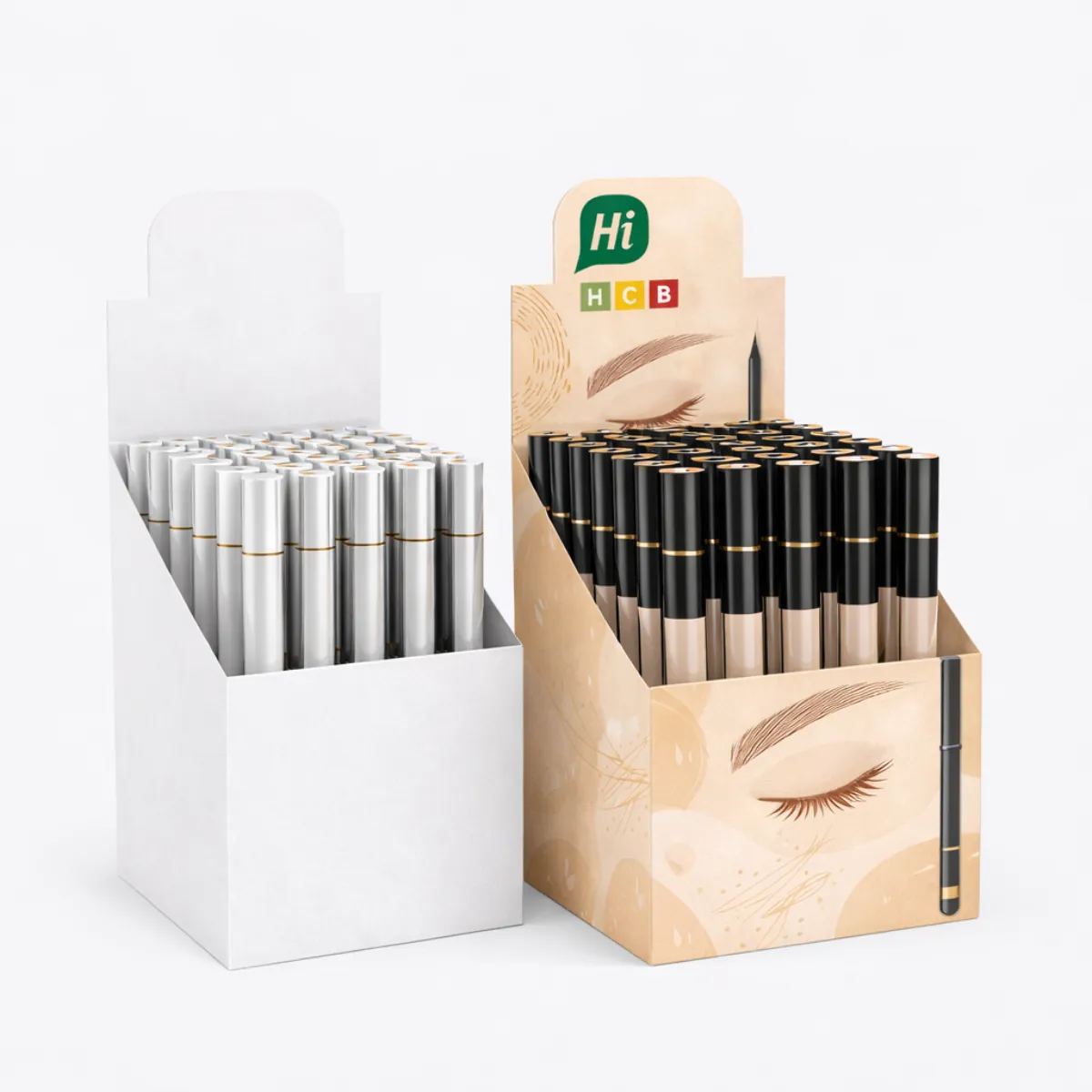 A row of premium eyebrow pencil packaging boxes standing upright- highlighting professional gloss coating and branding- class=